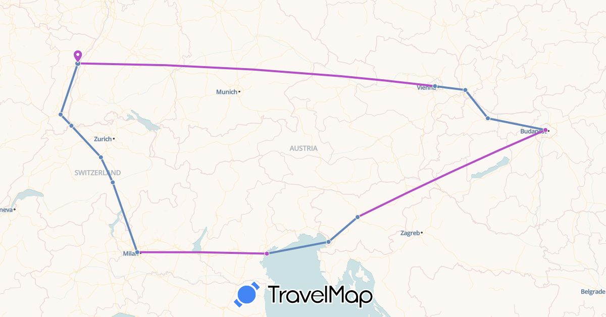 TravelMap itinerary: cycling, train in Austria, Switzerland, France, Hungary, Italy, Slovakia (Europe)